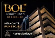 BOE Luxury Hotel në Sarandë kërkon Recepsionist/e, Kamarier/e dhe Sanitare hoteli BOE Luxury Hotel në Sarandë kërkon të zgjerojë stafin dhe kërkon të punësojë: - Recepsionist/e - Kamarier/e - Sanitare hoteli