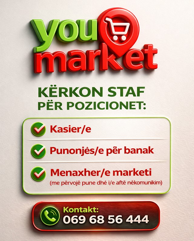 Your Market kërkon staf për pozicionet: ✔️ Kasiere ✔️ Punonjëse për banak ✔️ Menaxher/e marketi 