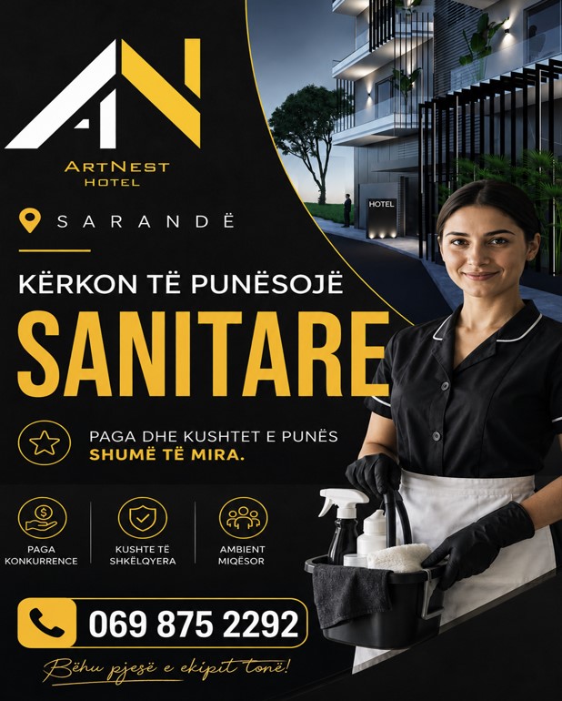 Hotel ArtNest në lagjen nr. 1, pranë supermarket Yes (cash&carry), kërkon të punësojë Sanitare