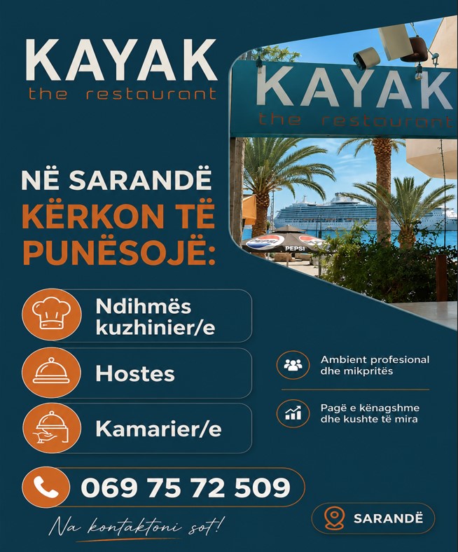 KAYAK GASTRONOMY në Sarandë kërkon të punësojë personel për pozicionet