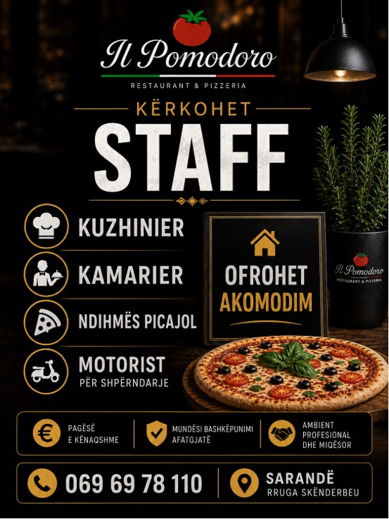 Restorant & Pizzeri Il Pomodoro në Sarandë kërkon të punësojë 
Kuzhinier, Kamarier, Ndihmës Picajol dhe Motorist për shpërndarje.