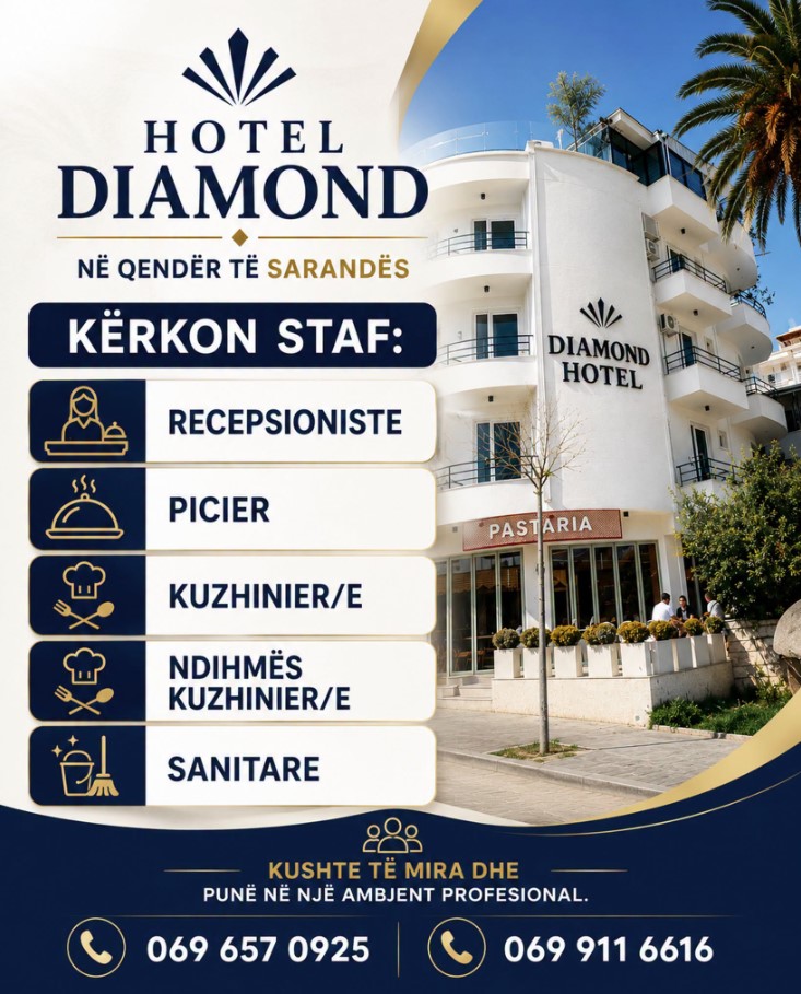 Hotel Diamond në qendër të Sarandës kërkon të punësojë staf