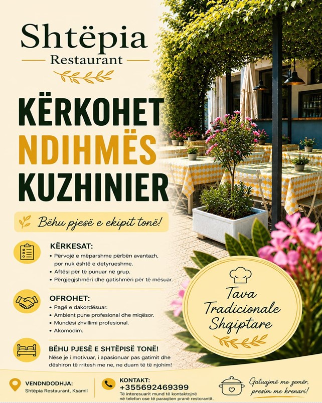 SHTËPIA Restaurant në Ksamil kërkon të punësojë Ndihmës Kuzhinier/e