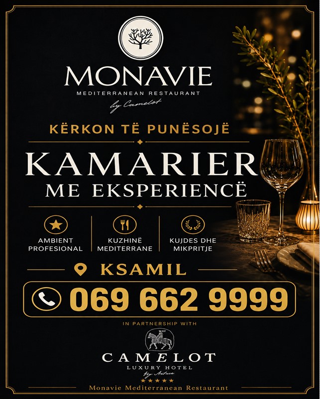Monavie Mediterranean Restaurant by Camelot në Ksamil kërkon Kamarier