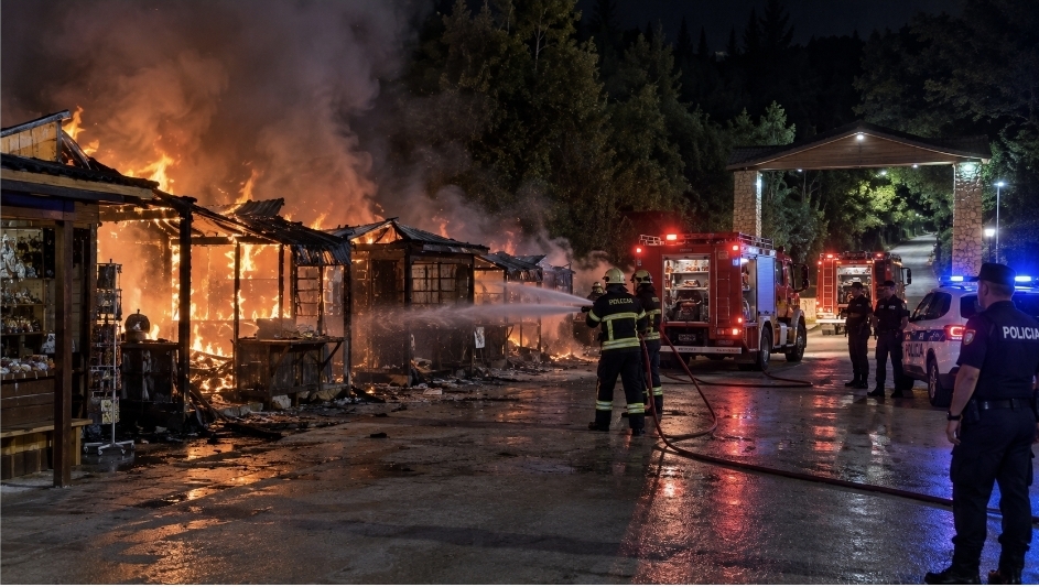 Një zjarr ka rënë rreth orës 00:05 të datës 6 shtator në hyrje të Syri i Kaltër, në territorin e bashkisë Finiq.
Si pasojë e flakëve janë djegur katër kioska tregtimi në pronësi private, të cilat ndodheshin në hyrje të zonës turistike.
Pas marrjes së njoftimit për zjarrin, në vendngjarje kanë mbërritur tre mjete zjarrfikëse, dy mjete policie dhe forcat policore. Shërbimet zjarrfikëse kanë luftuar me flakët për rreth dy orë, ndërsa zjarri është vënë nën kontroll dhe është shuar rreth orës 02:00.
Nga hetimet paraprake dyshohet se shkak i zjarrit ka qenë një masë elektrike. Autoritetet vijojnë hetimet për të përcaktuar rrethanat e plota të ngjarjes.